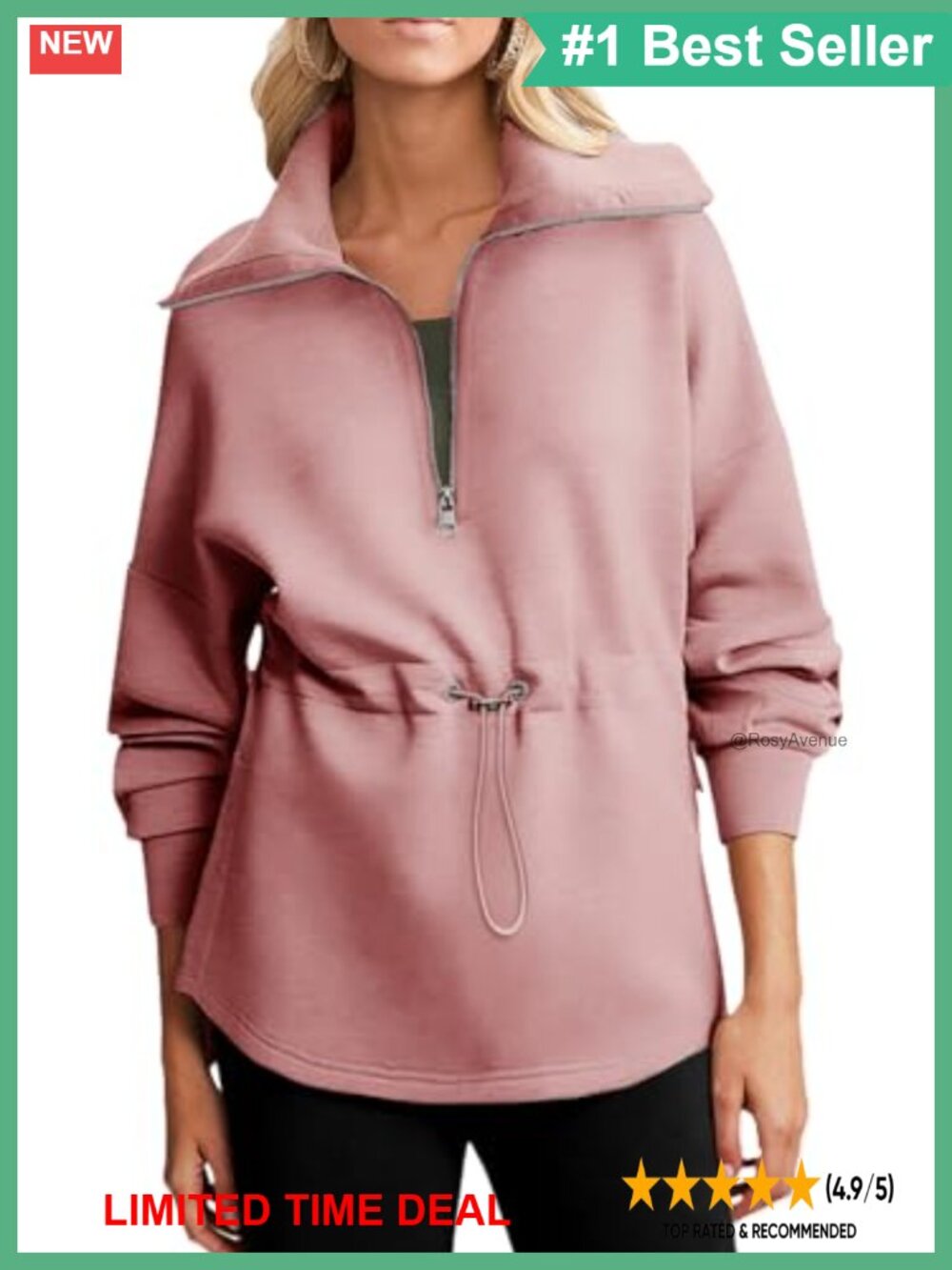 Oversized Half Zip Sweatshirt Drawstring Waist Long Sleeve Side Slits Soft